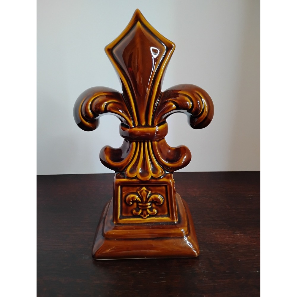 Vintage Brown Glazed Ceramic Fleur De Lis Figurine French Country Decor 10 Inch